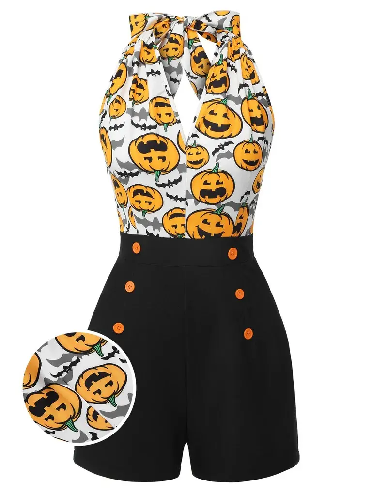 RETRO STAGE Women's 1950s Vintage Pumpkin Print Romper, Sleeveless Halter Neck Fitted Polyester Halloween Overalls with Zipper, Xl