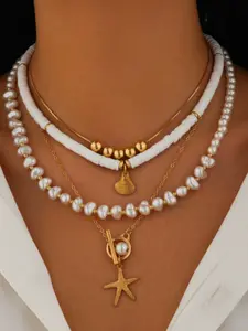 Multi-Layer Pearl Necklace, European and American Style, Shell Starfish Pendant, Fashion Layered Necklace, Trendy Collar Chain
