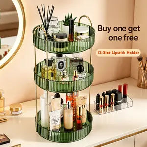 【Mothersdaygift】360° Rotating Makeup Organizer with 12-Slot Lipstick Holder - Large Capacity Cosmetic & Skincare Dresser - Space-Saving Triple-Tier Storage Tray,Countertop Vanity Organizer, for Bathroom, Dresser