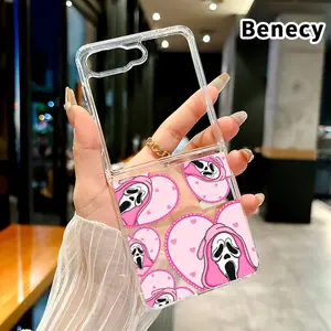 Pink Ghost Hearts Pattern Foldable Phone Case with Axis Guard and Complete Lens Protection for Z Flip 7/6/5/4 Shockproof Transparent Cover