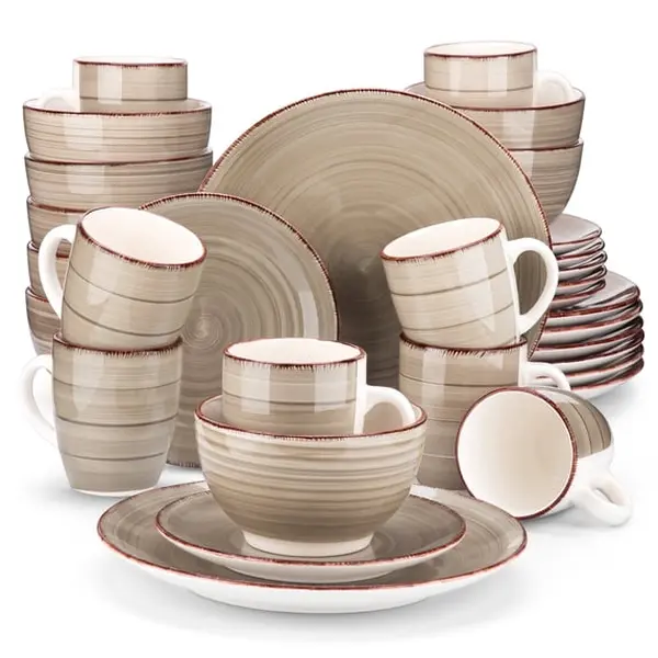 32 Pieces Dinnerware Sets for 8, Ceramic Plates and Bowls Sets, Scratch Resistant Dishes Set, Microwave & Dishwasher Safe, Light Brown