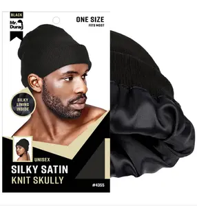 Mr. Durag Contemporary Unisex Silky Satin Knit Skully Beanie - Adjustable, Stylish Black Solid Color, Soft Lightweight Multipurpose Satin Lined Durag Hats Premium Headwear (04355) | Fitted Knit Hats, High Quality Caps