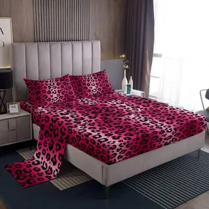 Feelyou Leopard Print Fitted Sheet Set - Women's Cheetah Print Luxury Bedding, Pink Red Black Ultra-Soft Breathable Microfiber Sheets, Africa Animal Theme Wildlife Bedding, Breathable Sheets