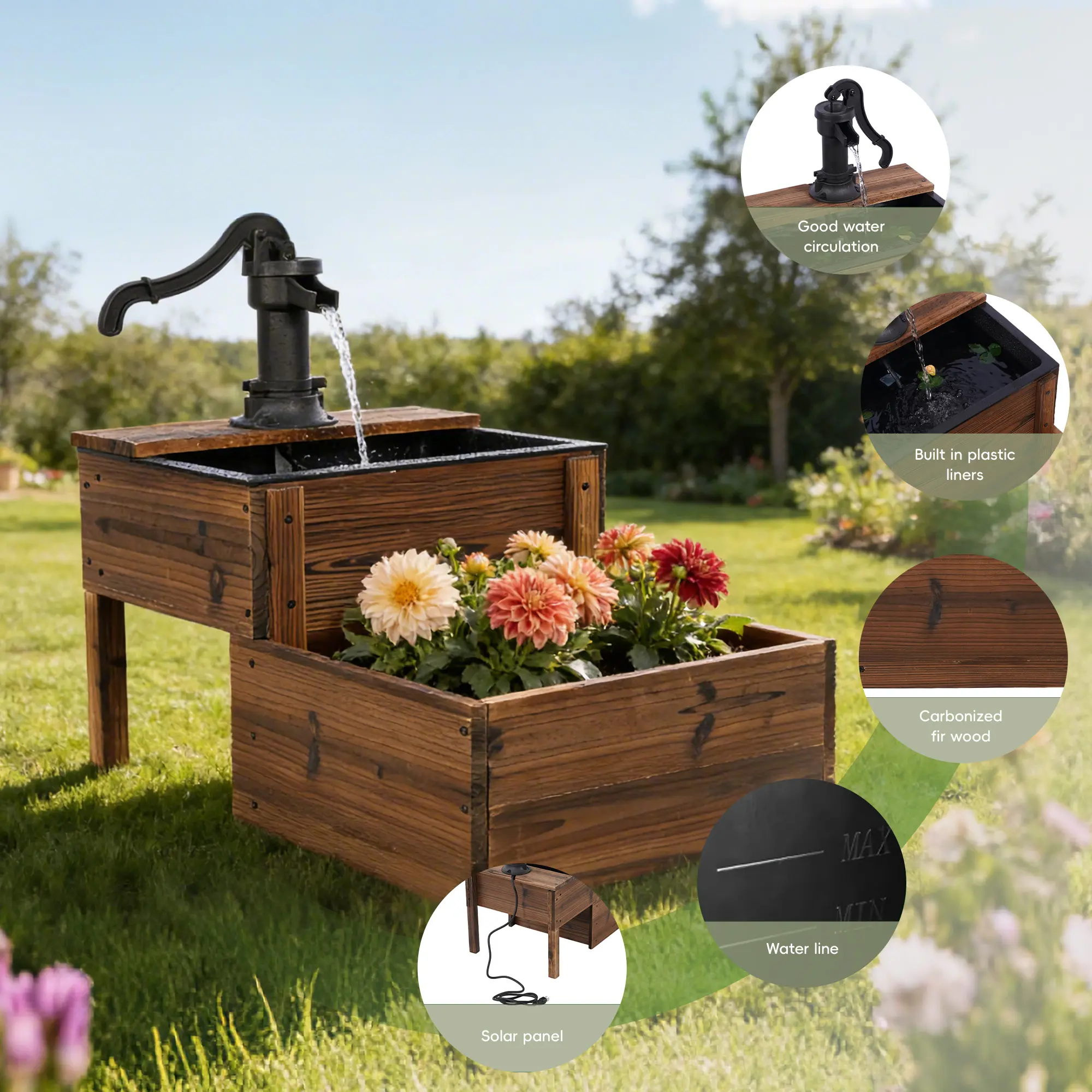 ZOPATICO Rustic Carbonized Wood Hand Water Pump Fountain with Planter Box - Solar/Plug-in Vintage Outdoor Water Feature, Easy Operation, Rustic Pine Pump, Backyard Farmhouse Decor for Flowers/Herbs