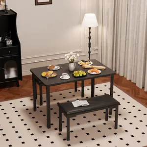 Dining Table Set for 4, Kitchen Table Set with 2 Upholstered Benches for Small Space, Apartment, Restaurant, Bar, Easy Assembly  Room Table with MDF Wood Board & Steel Frame