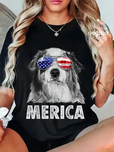 100% Cotton Aussie Australian Shepherd 4th of July Merica American Flag T-Shirt