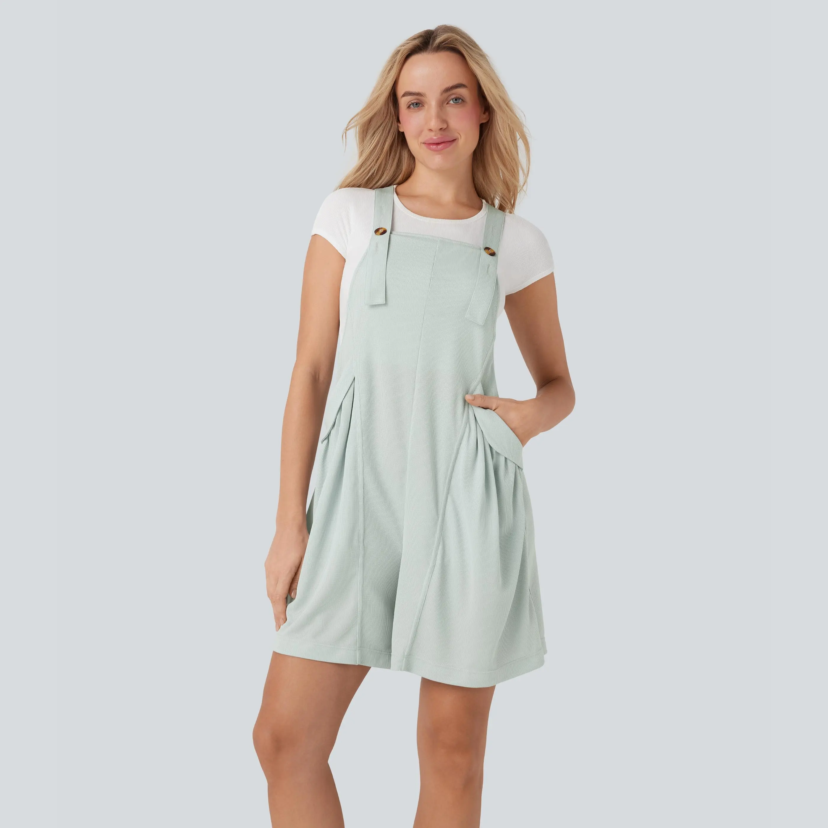 Halara Button Adjustable Strap Waffle Casual Shortalls with Side Pockets