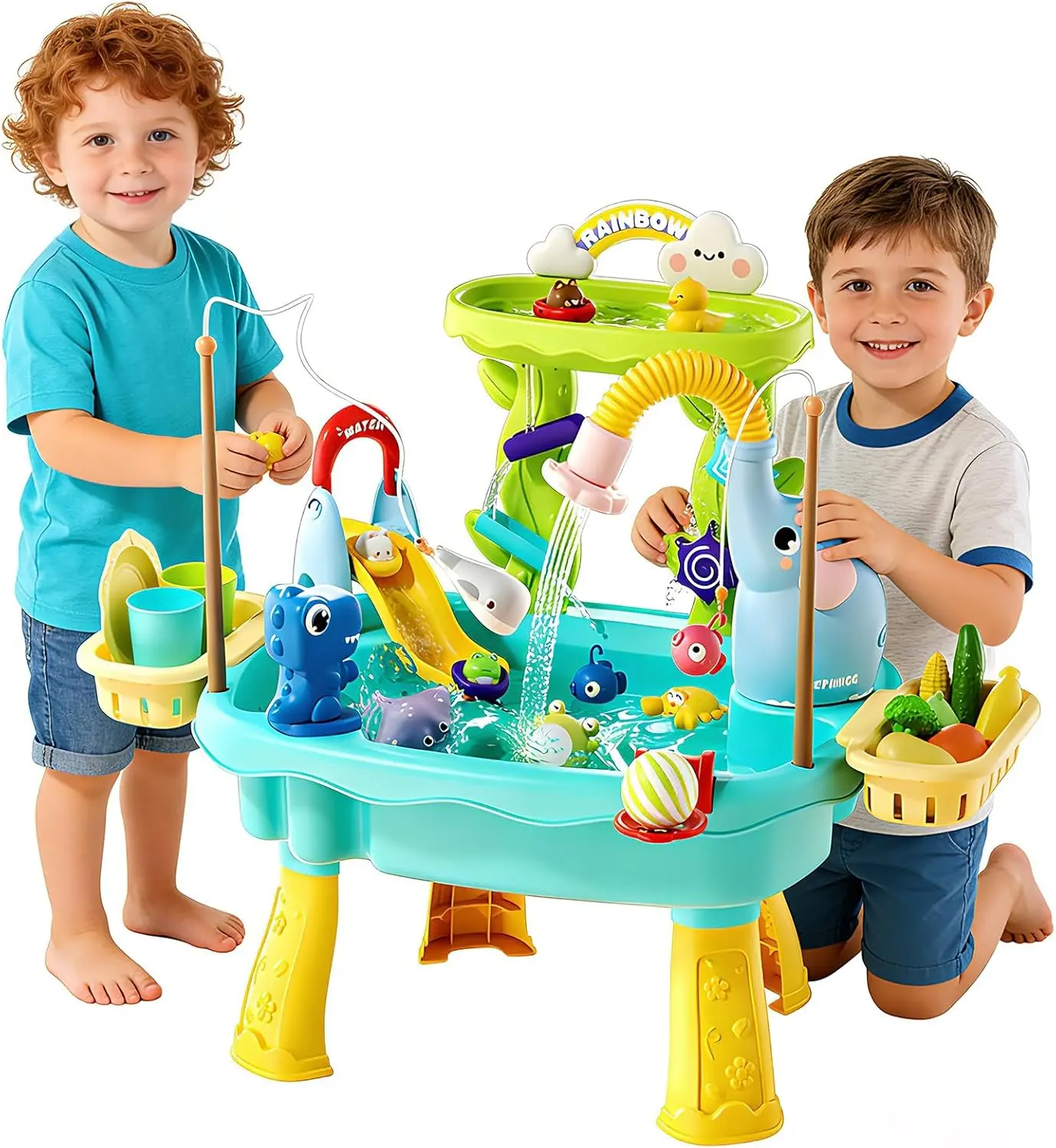 2027 Upgraded Toddler Sand Water Table Toy with Electric Water Pump, Kids Sand Water with Faucet/Play Food Accessories/Fishing Toy, Kitchen Play Sink Toys for Girl Boy Age 3+