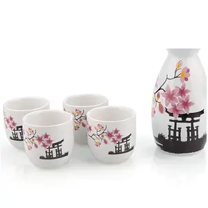 Japanese Sake Set, 1 Tokkuri Bottle & 4 Ochoko Cups, Spring Blossoms Ceramic Sake Set Microwave and Dishwasher Safe Stylish Utensils