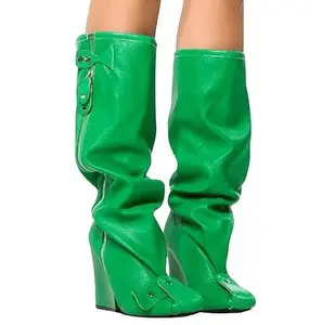 Green Knee High Chunky Heel Boot - Senna