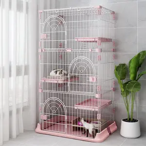 4-Tier Wire Cat Cage Playpen Kennel, 64 Inch Cat Catios Large Space for 1-3 Cats, Pink Cat Crate with 3 Platforms 3 Front Doors 2 Ramp Ladders