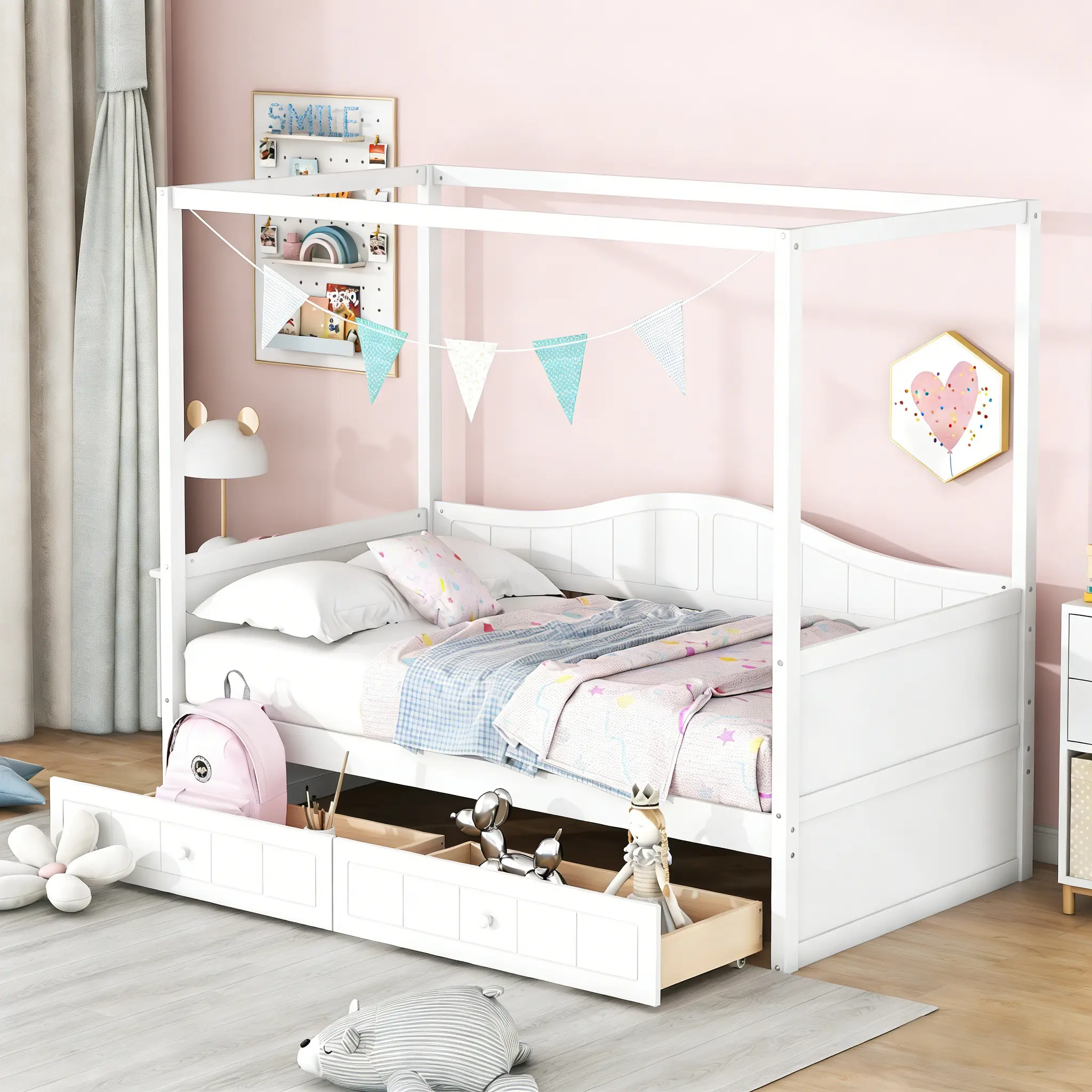 Twin Size Canopy Day Bed with 2 Drawers, Charming Canopy Bed with Built-in Storage: A Whimsical Kids' Bedroom Essential
