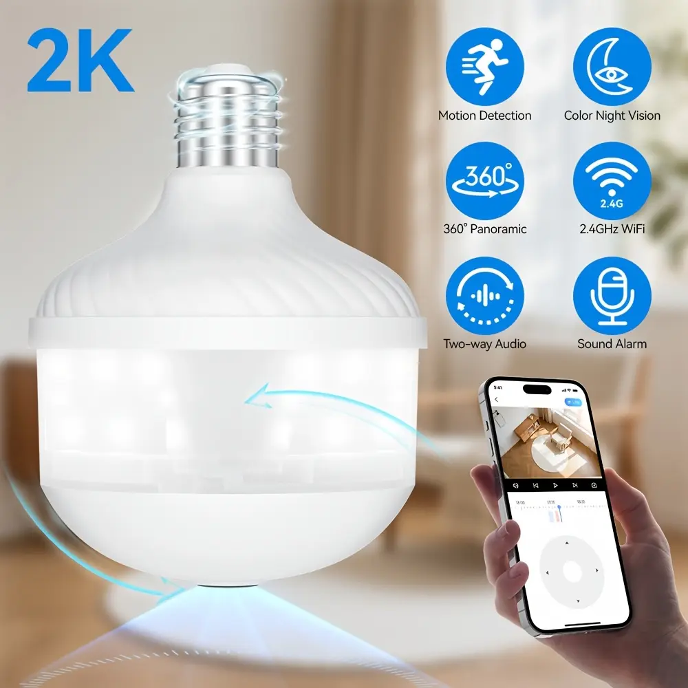 Indoor WiFi Bulb CCTV Camera, 2000P High Definition Smart Mini App Control Security Cameras & Systems, 2.4GHz Connectivity, 360° Panoramic Monitoring, Built-In LED Lighting, Full Night View, 2-Way Audio, MicroSD Slot
