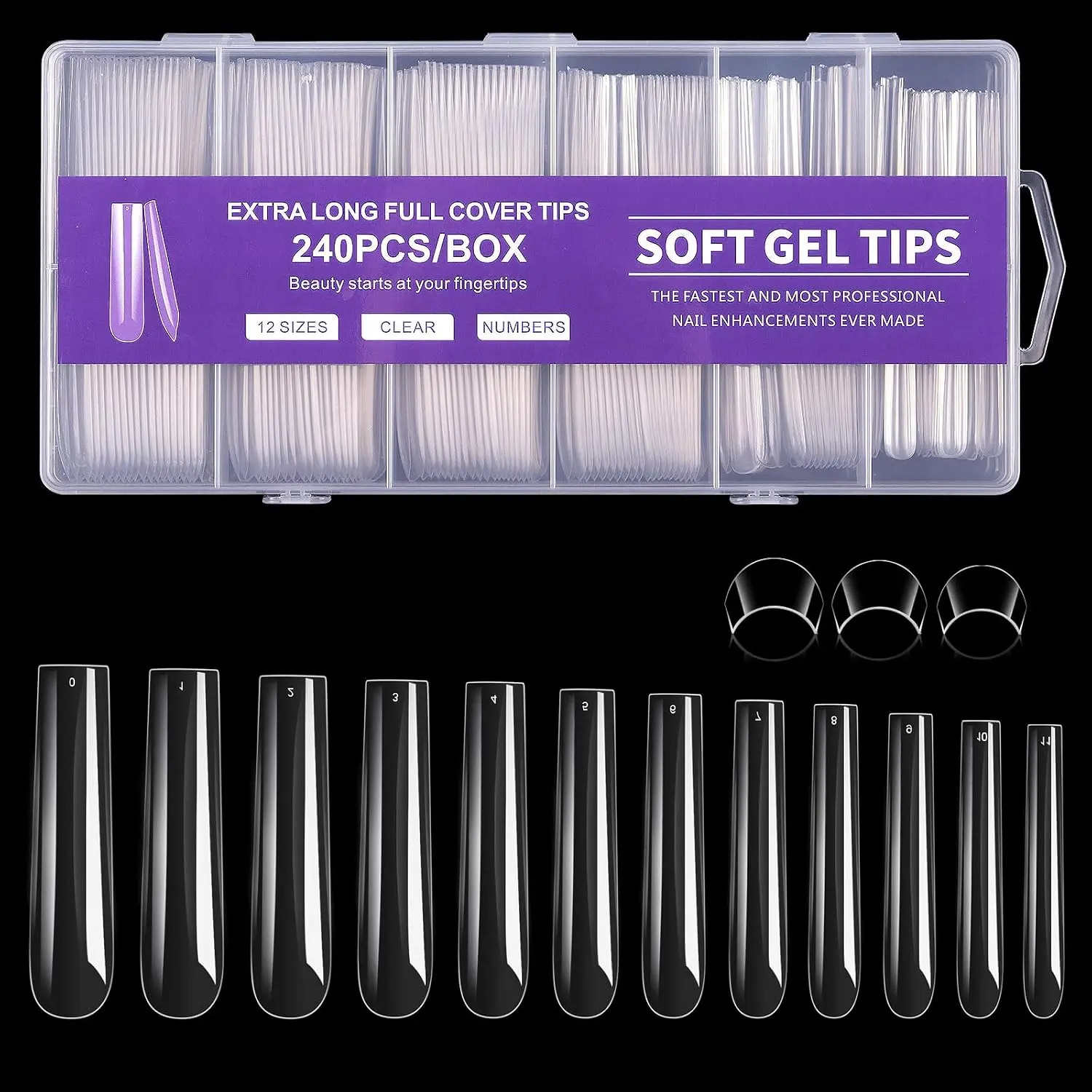 240PCS 3XL Long Square Gel Nail Tips Full Cover Soft Gel Press On Nails Pre Etched Clear False Nail Tips 12 Sizes Acrylic Nail Extensions for Salon & DIY Nail Art