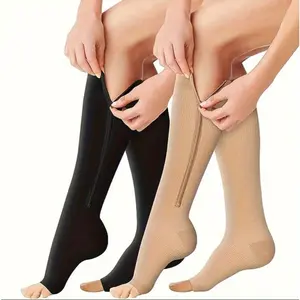 2 Pairs Breathable Compression Socks with Side Zipper - Men & Women's Comfortable Support zipper sock Healthcare 2Pairs (Skin+Black)