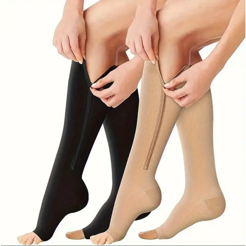 Women's Compression Socks - 2-Pack Over-the-Calf Toeless Socks (Skin+Black), Breathable, Side Zipper, Comfortable Support for Healthcare, Compression Socks Women, 2-Pack Over-The-Calf Socks