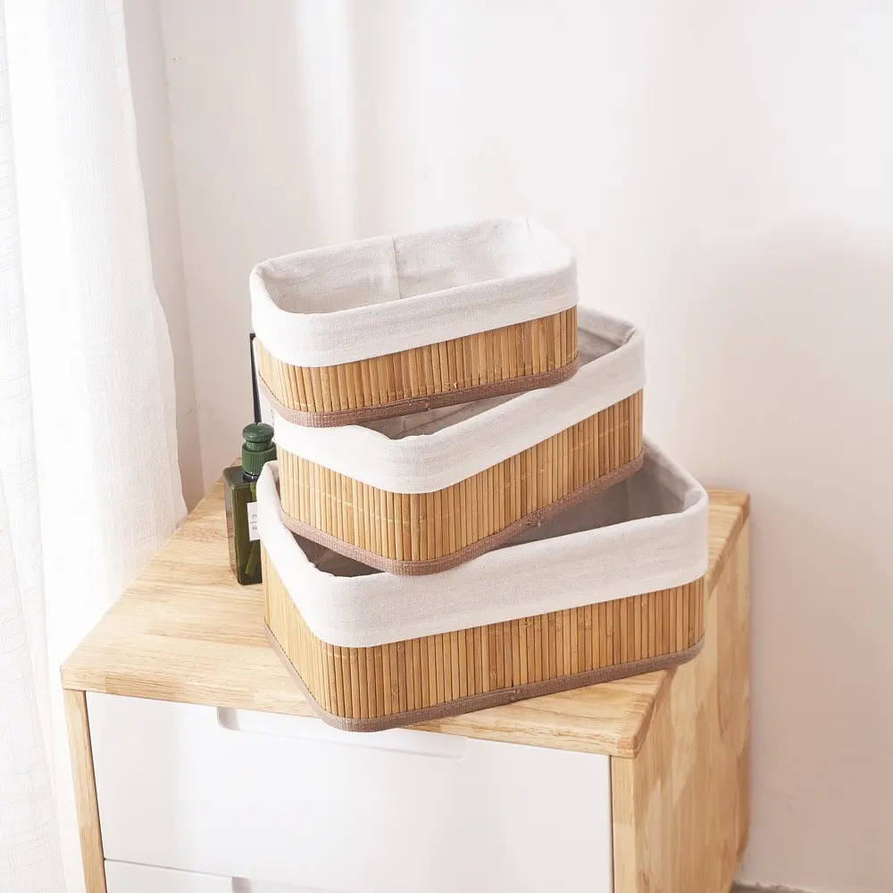 Set of 3 Natural Bamboo Storage Baskets with Linen Liner, Nestable Rectangular Organizing Bins for Home Organization, Kitchen & Closet Storage