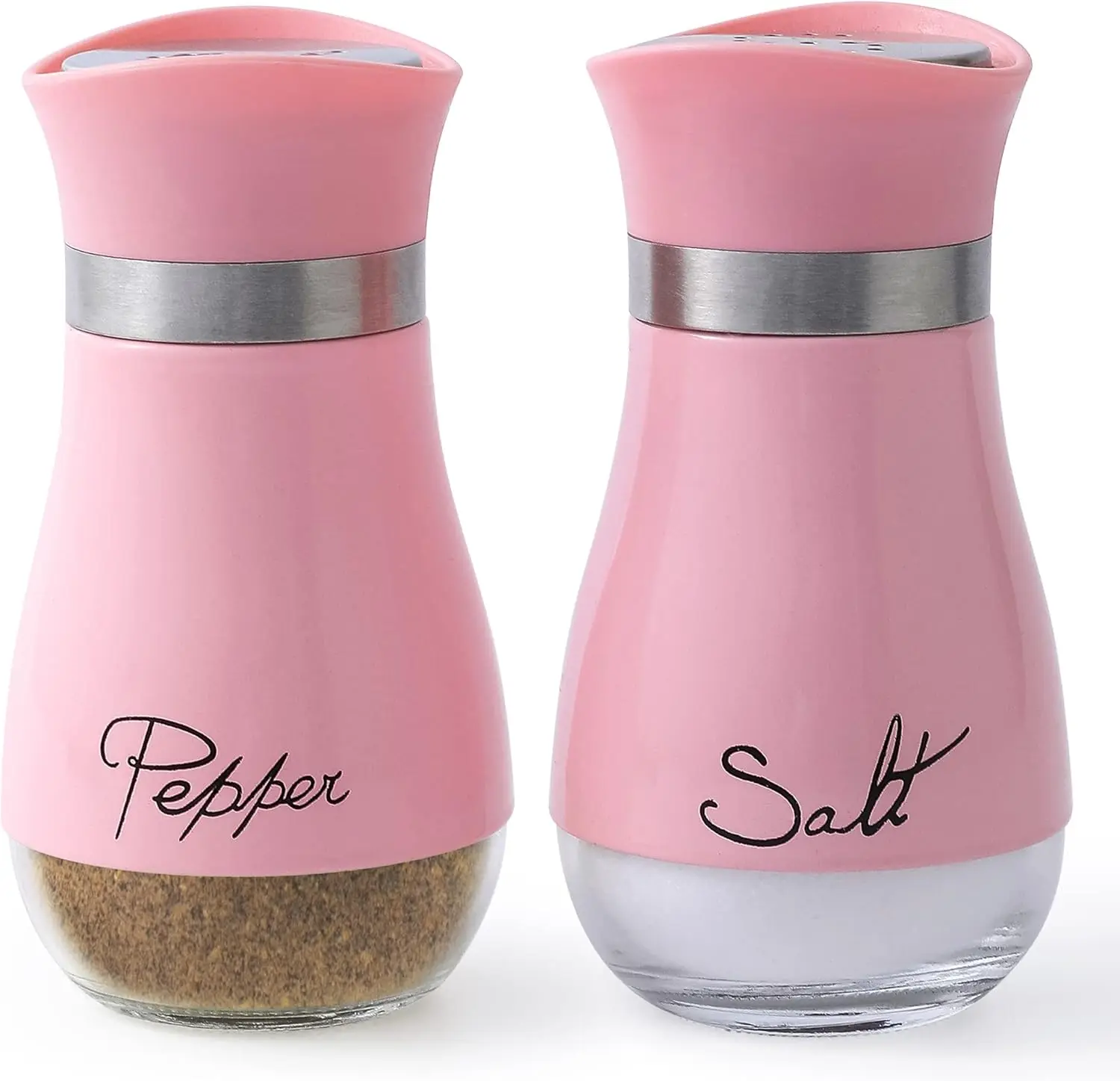 Pink Farmhouse Salt and Pepper Shakers Set of 2 - 4 oz Glass Bottom Spice Dispensers, Kitchen Decor & Gift Option for Home Use