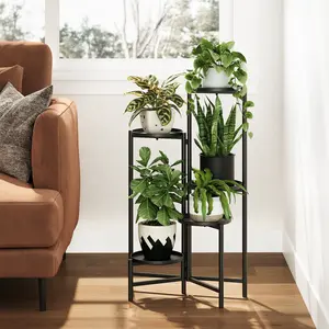 Bamworld 5-Tier Modern Aesthetic Indoor/Outdoor Flower Stand, Stylish Gardening Rack for Living Room, Bedroom & Veranda, Black Houseplant Planter Stand