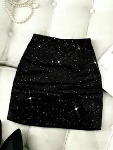 Women's Spring Summer Fashion Silver Color Sequins Waist Cinching Short Skirt, Comfortable Sexy Bodycon Fit Ultra-Short Dress for Date Night Party