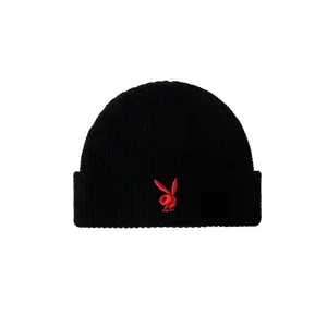 Rabbit Head Knit Beanie - Black Beanie with Rabbit Logo, Soft Knit Fabric, Classic Design