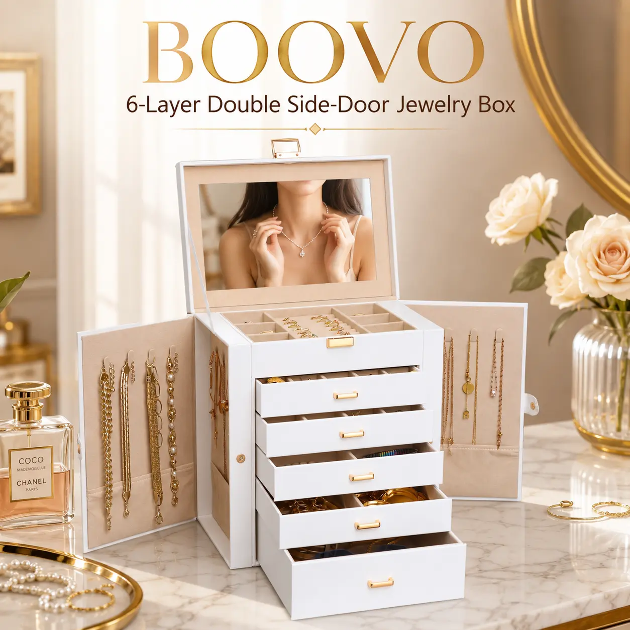 BOOVO（White Gold）Modern 6-Layer Jewelry Organizer Box for Women - Large Jewelry Storage Box with Glass Lid & Mirror, PU Leather Jewelry Holder, Anti-Tarnish Velvet Lining for Necklaces, Rings & Earrings, Elegant Gift for Her