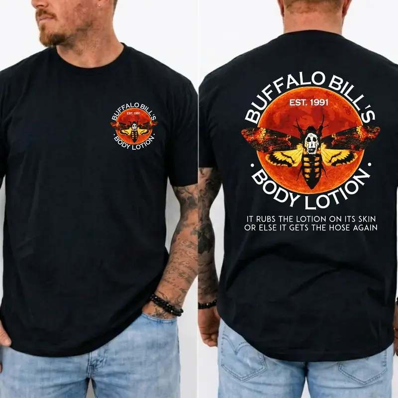 Buffalo Bill's Body Lotion Funny Horror Movie T-Shirt – Death Moth Graphic Tee, Retro Horror Fan Unisex Shirt, Cult Classic Thriller Parody Shirt Gift for Men Women Halloween