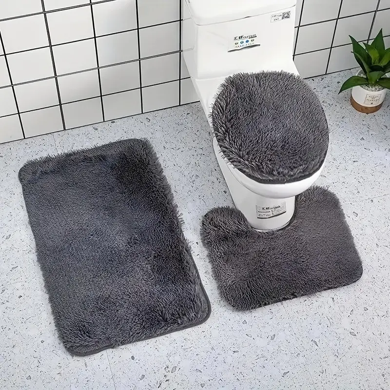 Minimalist Solid Color Bathroom Mat 3-Piece Set, Toilet Lid Cover, U-Shaped Toilet Mat and Floor Mat, Absorbent