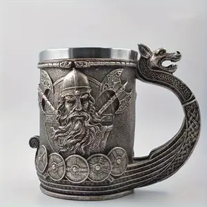 Viking Warrior Longship Resin Beer Mug with Stainless Steel Liner, Norse Mythology Decorative Tankard, Unique Gift for Valhalla Fans