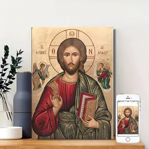 1 Piece Vintage Orthodox Jesus Christ Image, Framed Canvas Painting - Religious Wall Art with Gold Background and Red Robe, Perfect for Home Decoration, Religious Decorations, and Holiday Celebrations, Christmas Gift Idea, Stylish Religious Decor
