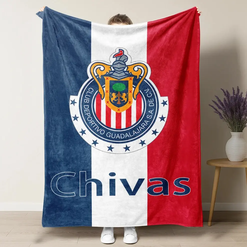 Chivas GOAT Mascot Soccer Blanket – Cartoon Goat in Chivas Striped Jersey on Red, White & Blue Background, Soft Plush Fleece Throw, Ideal Gift for Chivas Supporters