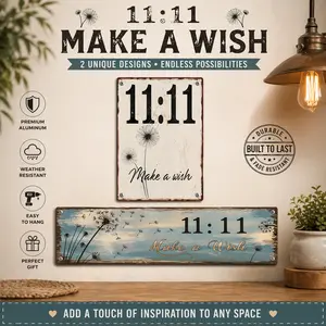"11:11 Make A Wish" Aluminium Dandelion Metal Sign - 8x12 in & 4x16 in Retro Rustic Design Wall Decor for Vintage or Rustic Themed Rooms, Home & Outdoor Decoration