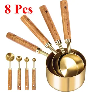 8 Pcs Gold Measuring Cups and Spoons, Wood Handle with Metric and US Measurements, Premium Stainless Steel, Golden Polished Finish, Dry & Liquid Measuring Cup for Cooking and Baking