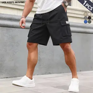 Men’s summer elastic-waist drawstring shorts with large pockets—high-quality outdoor sports pants, street-style fashion cargo shorts, classic letter patch flap-pocket multi-pocket cargo shorts. Regular fit, casual and comfortable men’s everyday bottoms.