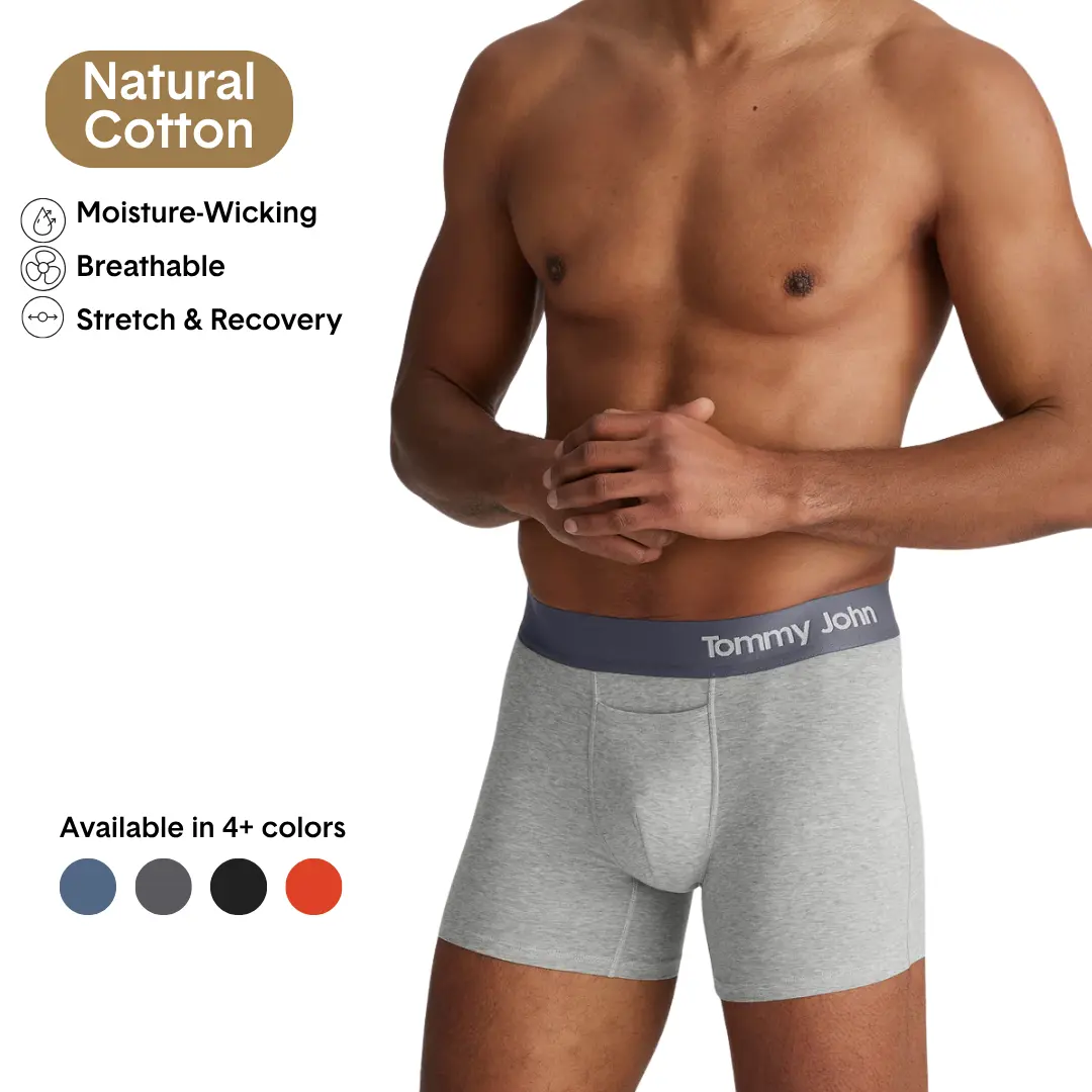 Tommy John Men’s Cotton Trunk 4” | Breathable Moisture-Wicking Underwear | Contour Pouch, No Roll Waistband, Stretch Fit, Tagless Comfort Daily Briefs Natural