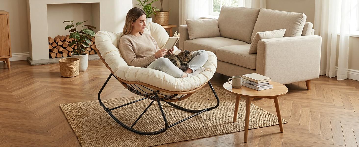 Arlopu Outdoor Papasan Rocking Chair, Oversized Padded Lounge Rocker with Cushion, Comfy Wicker Egg Lounge Chair, Large Indoor Rocking Recliner for Living Room/Porch/Garden