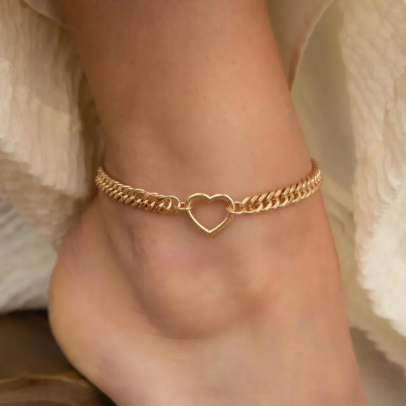 FREEKISS Gold Cuban Ankle With 15mm Hollow Heart, Trendy Ankle Bracelet for Women,Jewelry gift, Fashionable and Exquisite Women's Ankle Bracelet, Suitable for Various Occasions FallDealsForYou BlackFriday