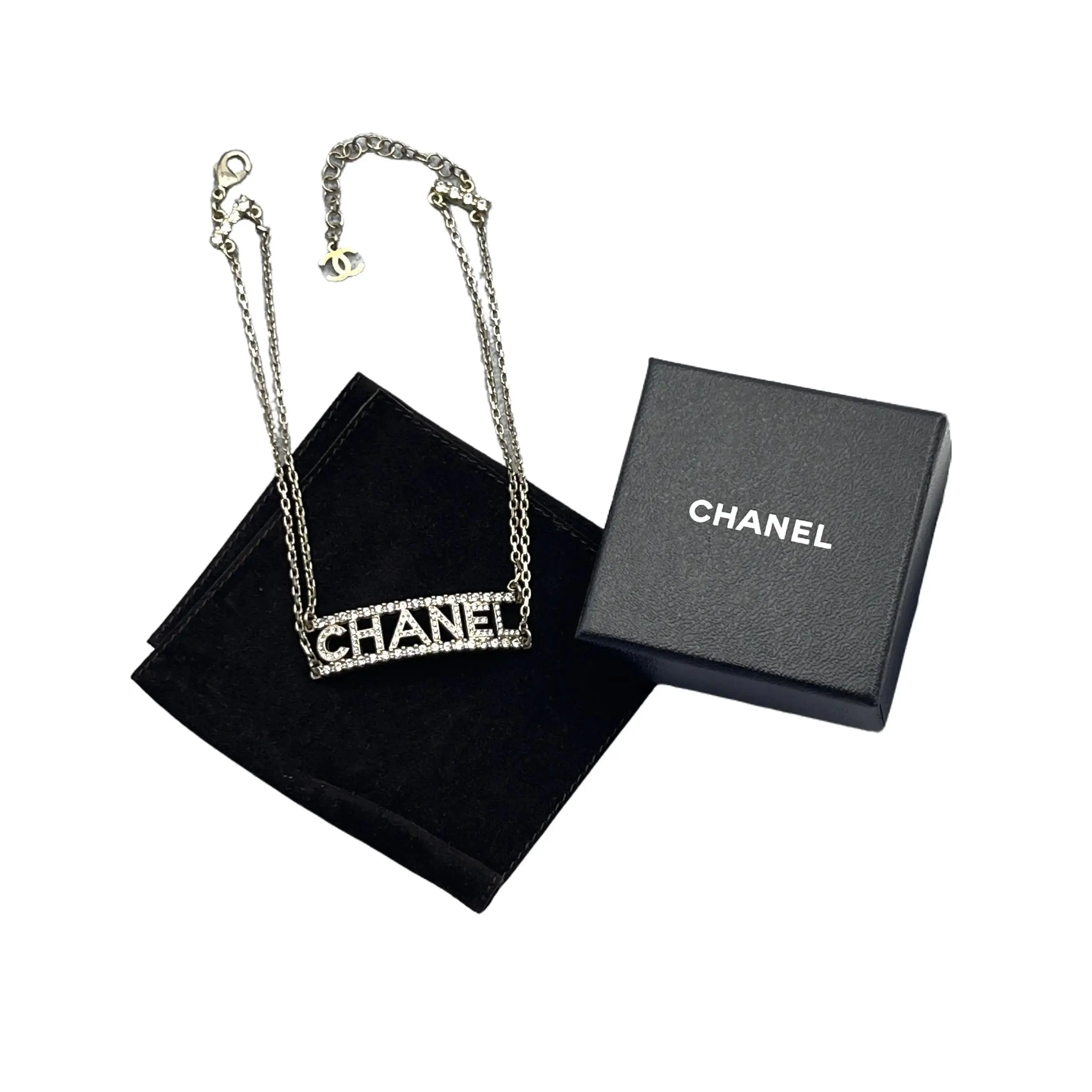 Pre-owned CHANEL Logo Rhinestone Necklace Double Layer Thin Chain Silver H5 vvvvv