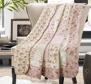 Cotton Patchwork Quilt  Size Pink Floral Bedspread Coverlet Reversible  Shabby Chic Quilted Throw Blanket Bed Quilt Cover for Couch Sofa