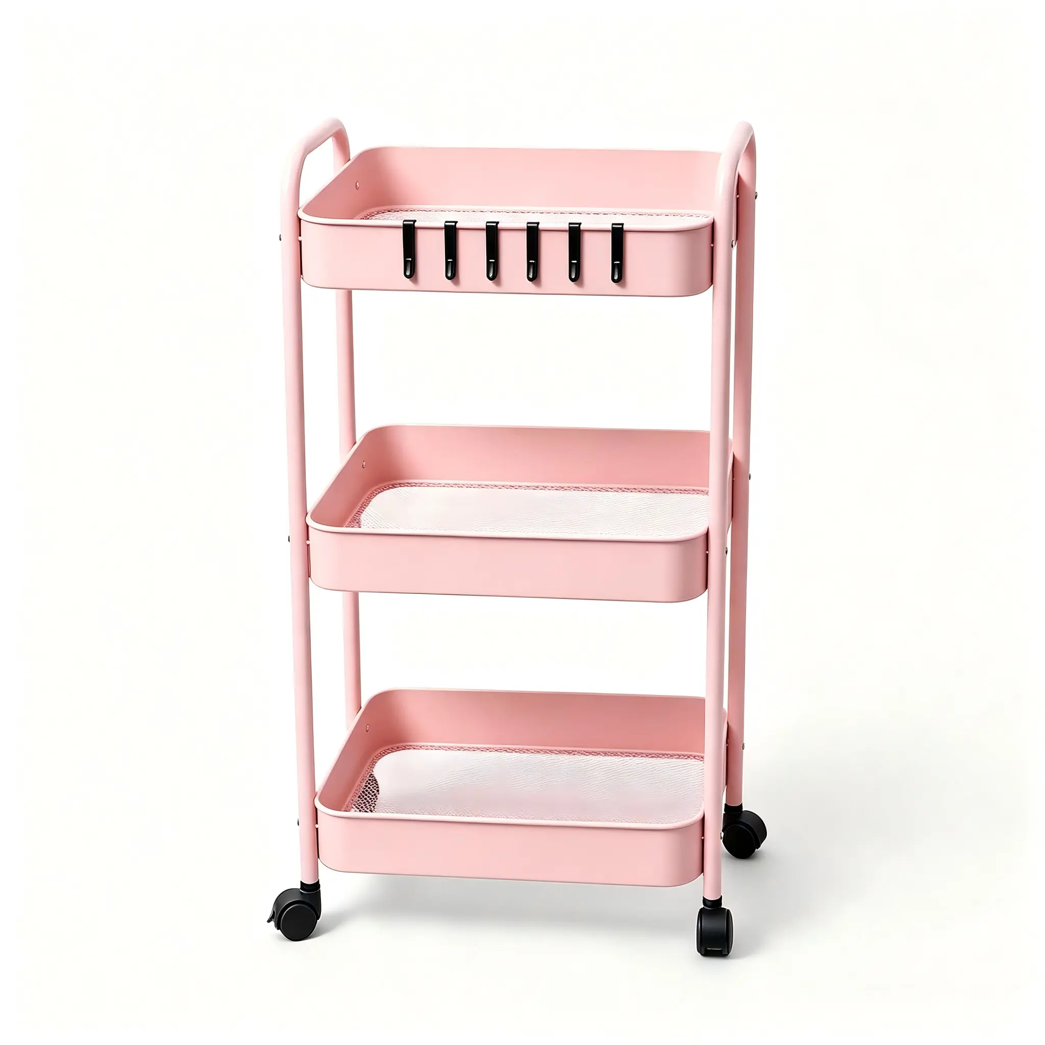 Pink 3-Tier Hollow Metal Rolling Cart with Lockable Casters - Home Storage Organizer, Room Storage Rack, Makeup Utility Holder for Dorm Bedroom Decor