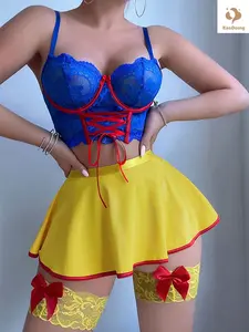 【EasDoing】3 Pieces Set Blue and Yellow Color Block Snow White Style Lace Corset Top Skirt Set, Sexy Cosplay Uniform, Pure Desire Hot Girl Lingerie, Date Outfit, Photogenic, Slim Fit, Summer Thin, Comfortable