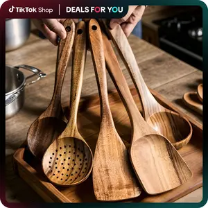 5-10Piece Premium Wood Kitchenware Set with Ergonomic Handles Purely Natural Eco-Friendly Material- Includes Spoon, Tablespoon and Sauté Spatula, Heat-resistant, Easy-to-Clean, Durable Cooking Tools for Non-Stick Pans Utensils Wooden Cookware Stirring