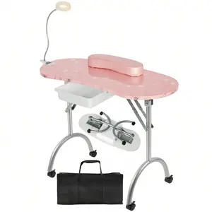 Foldable Manicure Table With Drawer, LED Lamp, 4 Lockable Wheels And Carry Bag, Portable Manicure Nail Table Professional Nail Desk With Wrist Cushion Rolling Laptop Desk Home Office Desk, Mobile Sofa Side Table Portable Rolling Laptop Desk With Lockable