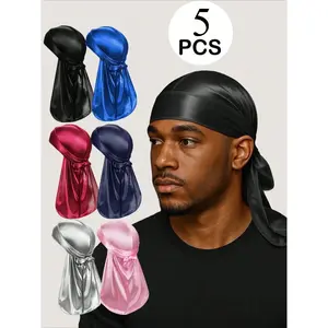 5 Pcs Unisex Silk Durags with Elastic Band, Casual Solid Color Fashionable Headwear for Waves & Daily Wear, Breathable Soft Comfort Durags with Extra Long Tail, Head Scarf