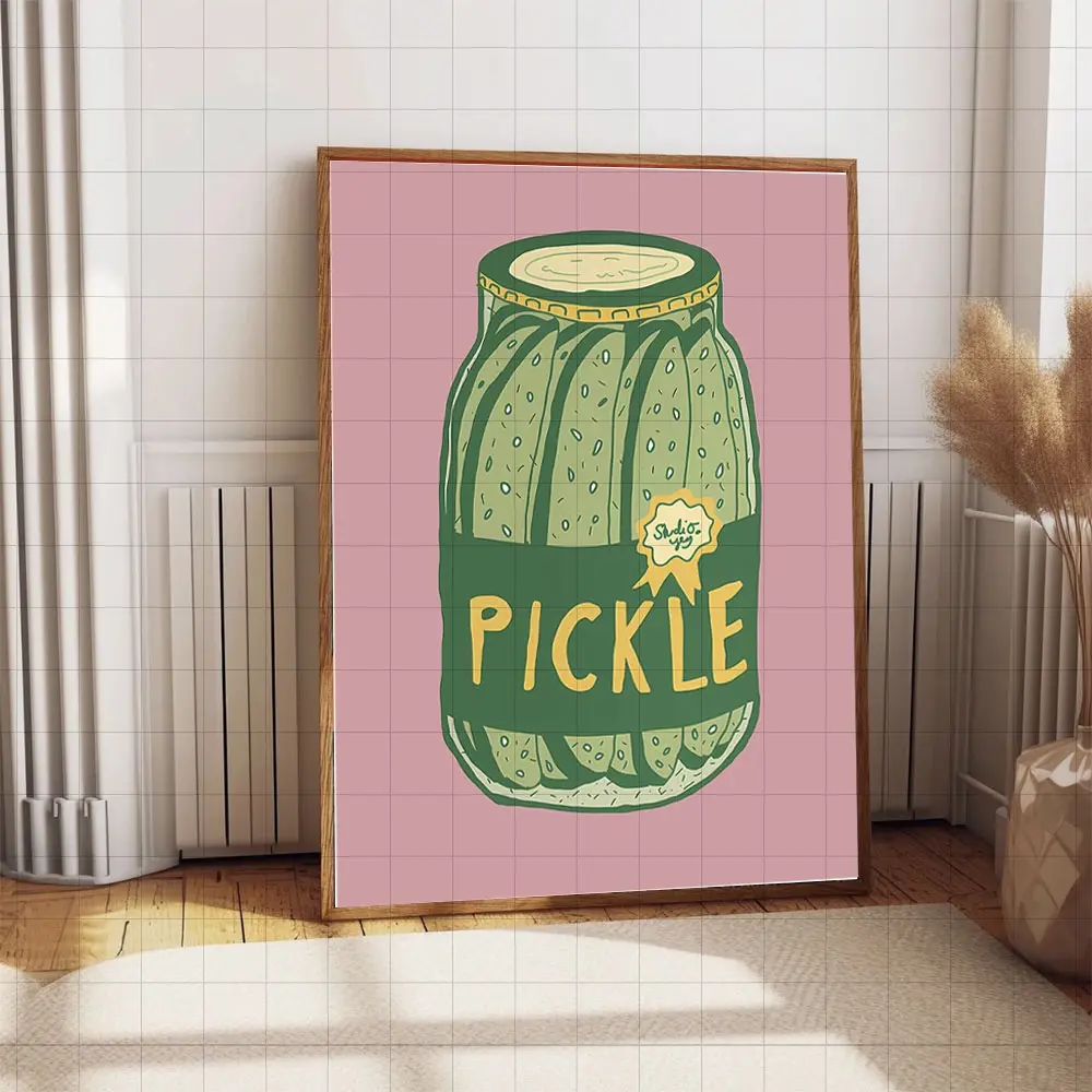 1pc "PICKLE" Humorous Retro Canvas Wall Art - Unframed Vintage Kitchen Decor with Vibrant Green Pickle Jar & Pink Background - Funny Foodie Gift for Home Cooks, Cafes, Delis, Pantry - Quirky Meme Art, Kitchen Wall Art, Deli Artwork