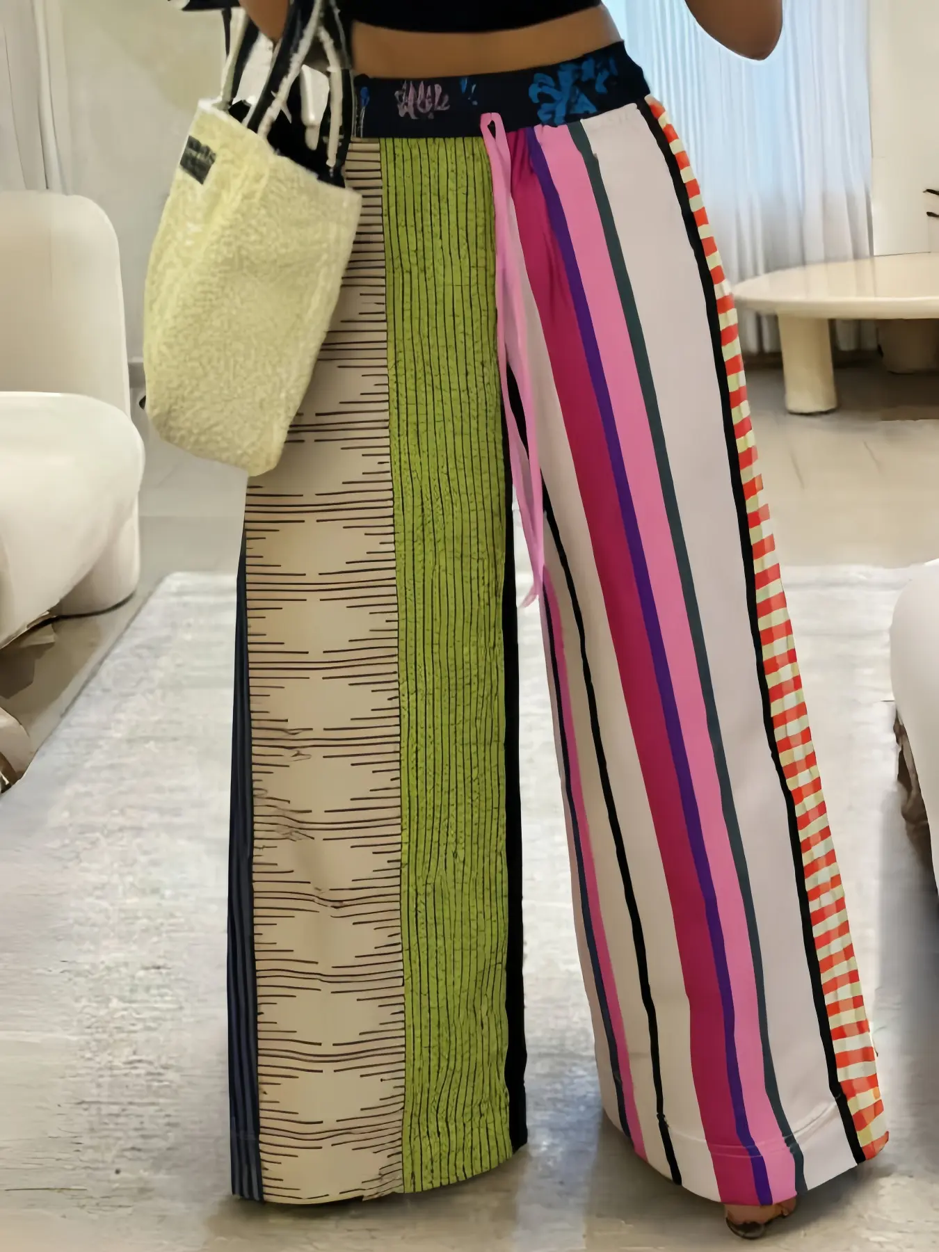 Women's Bohemian Boho Style Loose Baggy Striped Woven Pants, Colorful Patchwork Adjustable Drawstring Wide-Leg Pants, Casual Fashion Style Bottoms for Spring & Fall Everyday Wear, Comfortable Fit