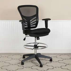 212 MAIN 25.25 in. Mid-Back Mesh Ergonomic Drafting Chair - Height Adjustable Task Office Swivel Chair with Chrome Footring, Customizable Arms & Frame, Black, Height Adjustable Chair, Task Office Chair