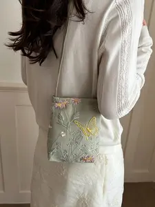 Chinese-Style Butterfly Floral Embroidered Mini Bag, Satin Handheld Crossbody Purse, Cute Hanfu Accessory for Girls, Elegant & Trendy Design
