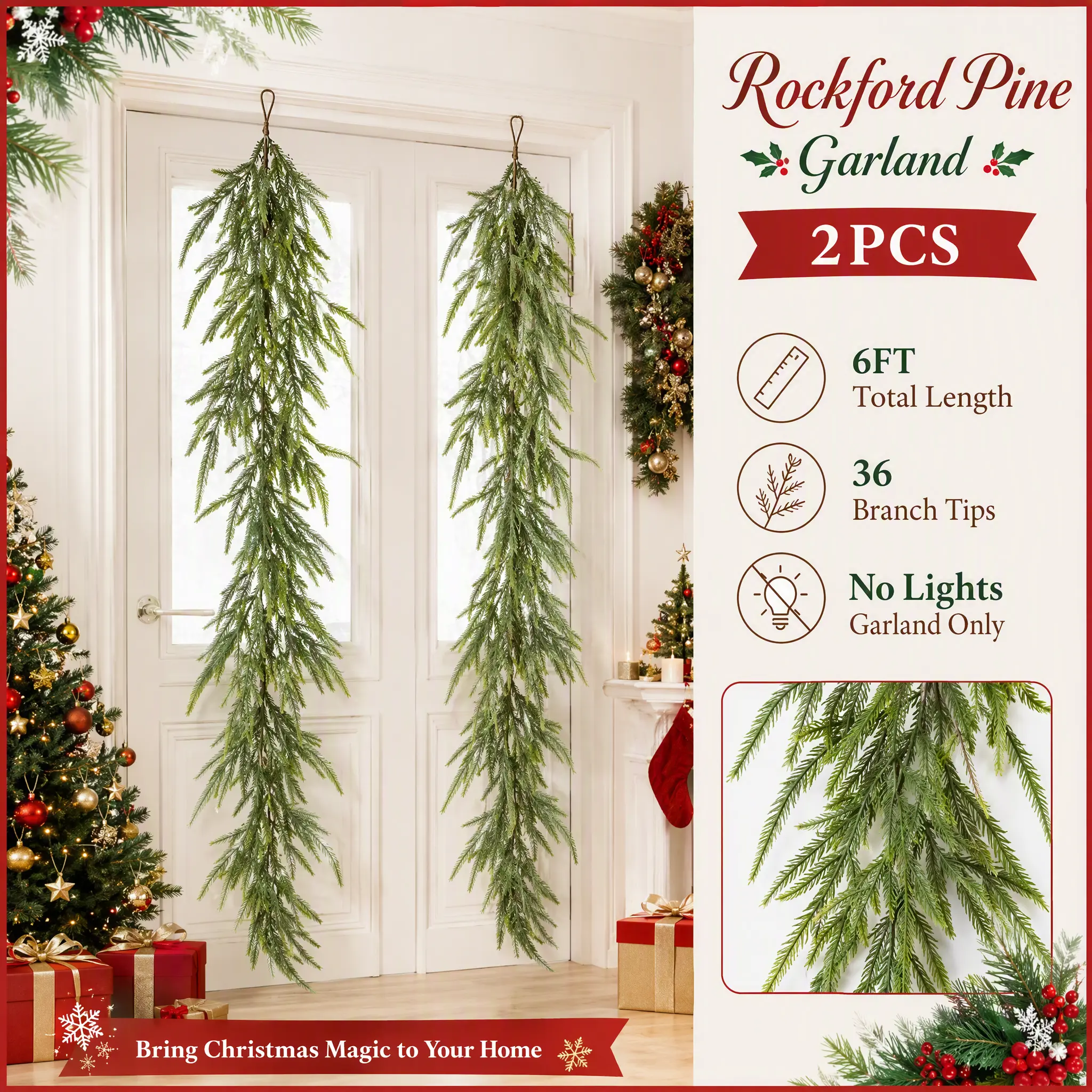 2pcs 6ft Real-Touch Artificial Norfolk Pine Long Vines, Indoor-Outdoor Festive & Home Decor for Special Occasions