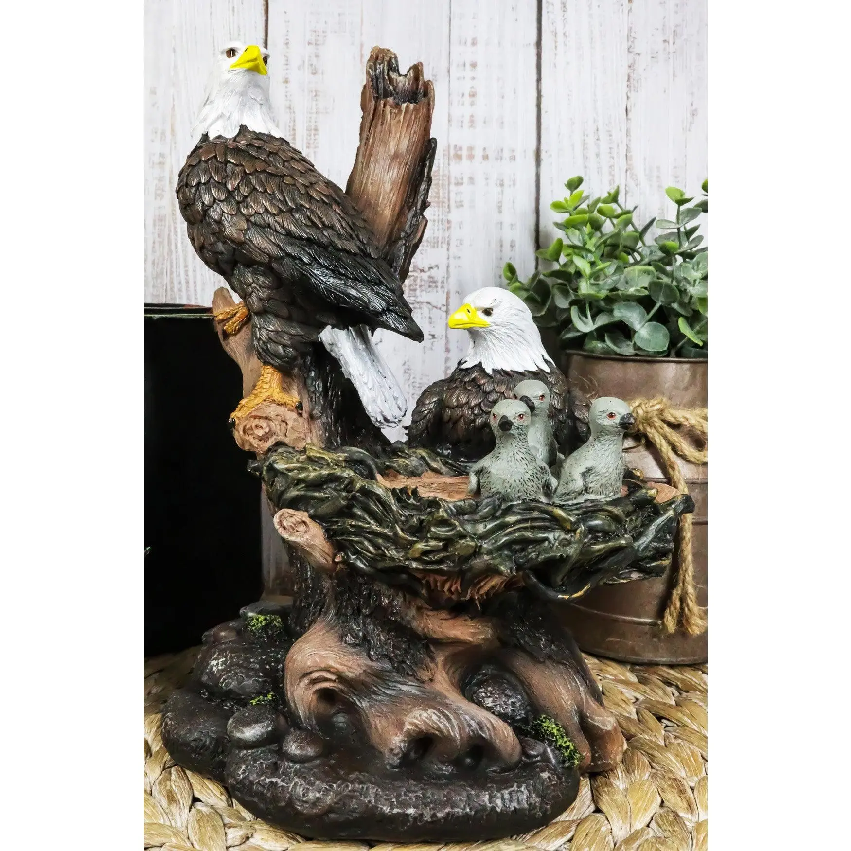 Ebros Wildlife Habitat Bald Eagle Family In Nest Statue 12"H Eagle Mate With Nestlings